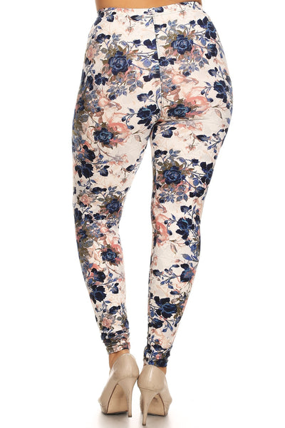 Plus Size Floral Printed High Waisted Knit Leggings In Skinny Fit With Elastic Waistband