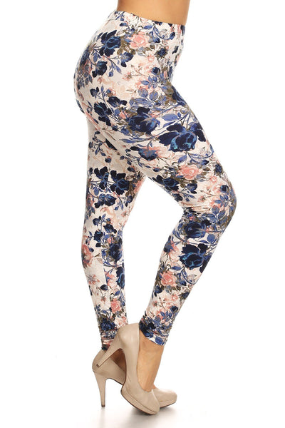 Plus Size Floral Printed High Waisted Knit Leggings In Skinny Fit With Elastic Waistband