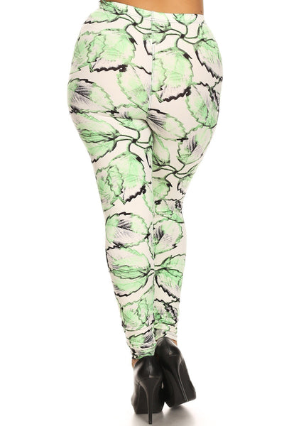 Plus Size Leaf Print, Full Length Leggings In A Slim Fitting Style With A Banded High Waist