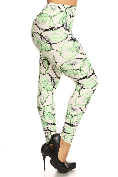 Plus Size Leaf Print, Full Length Leggings In A Slim Fitting Style With A Banded High Waist