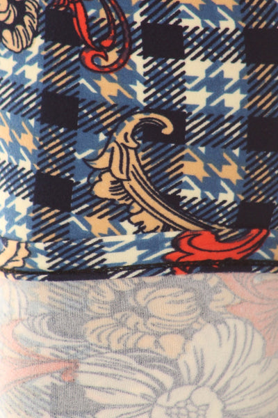 Plaid With Floral Print Overlay Knit Legging With Elastic Waistband, And High Waist Fit