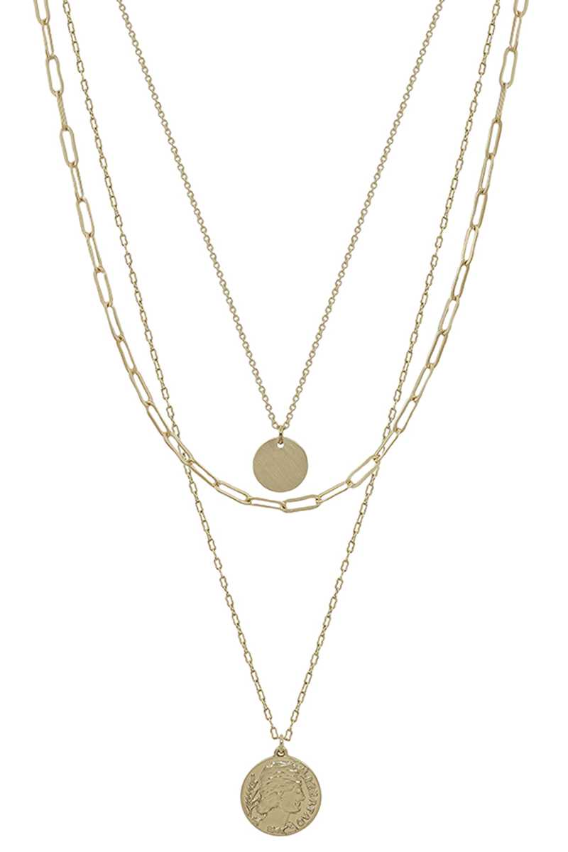 Metal 3 Layered Chain Coin Pendant Necklace