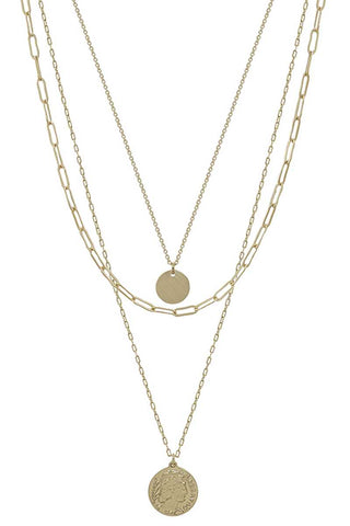 Metal 3 Layered Chain Coin Pendant Necklace