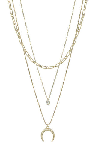 Metal 3 Layered Chain Horn Pendant Necklace