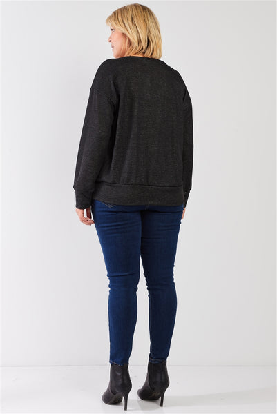 Plus Black Light Weave Graphic Print Detail Long Sleeve Top