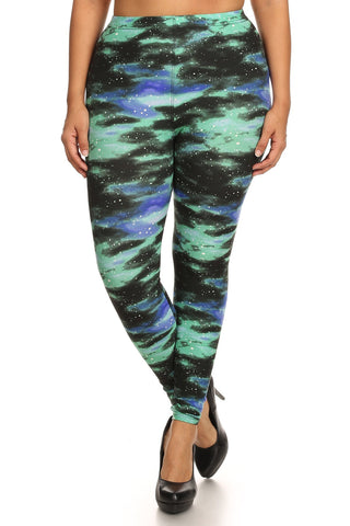 Plus Size Galaxy Graphic Printed Knit Legging With Elastic Waist Detail. High Waist Fit