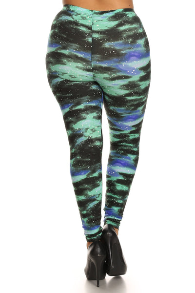 Plus Size Galaxy Graphic Printed Knit Legging With Elastic Waist Detail. High Waist Fit
