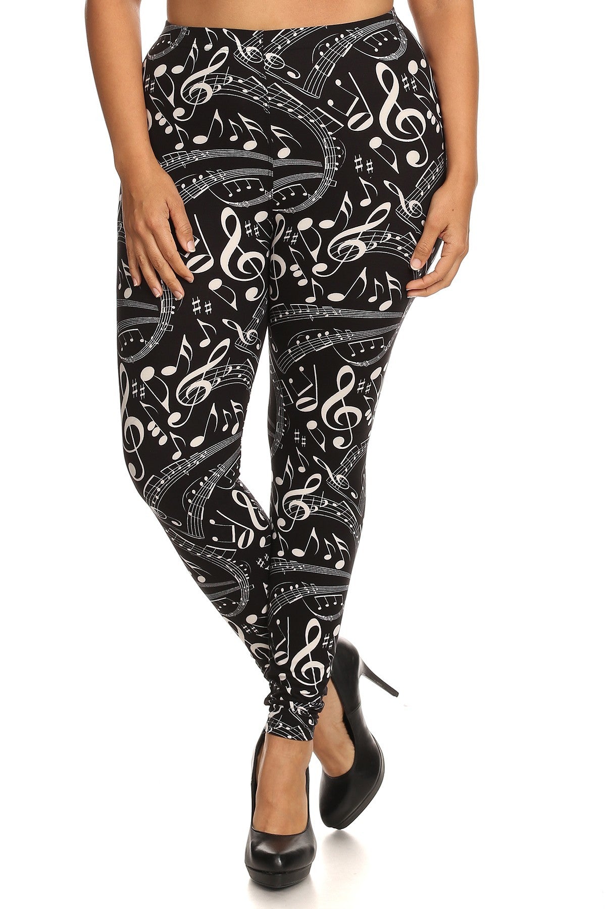Plus Size Music Notes Pattern Print, High Waist, Slim Fit Leggings With Elastic Waist.